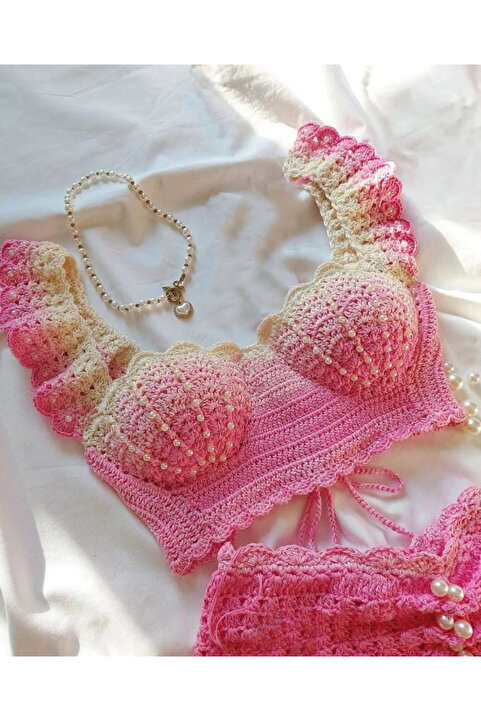 Sistaful El Örgüsü Kadın Pembe Büstiyer Etek 2'li Takım