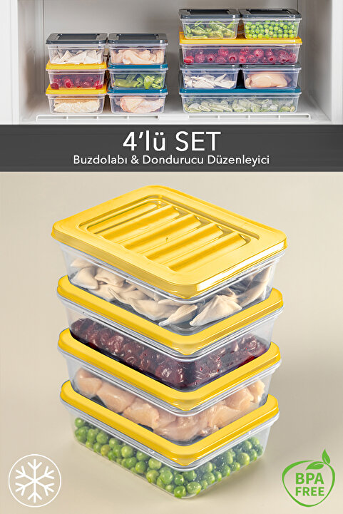 Meleni Home 4'lü Buzdolabı Organizer Mikrodalga Ve Difrize Uygun Saklama Kabı Sarı 4 X 600 ml
