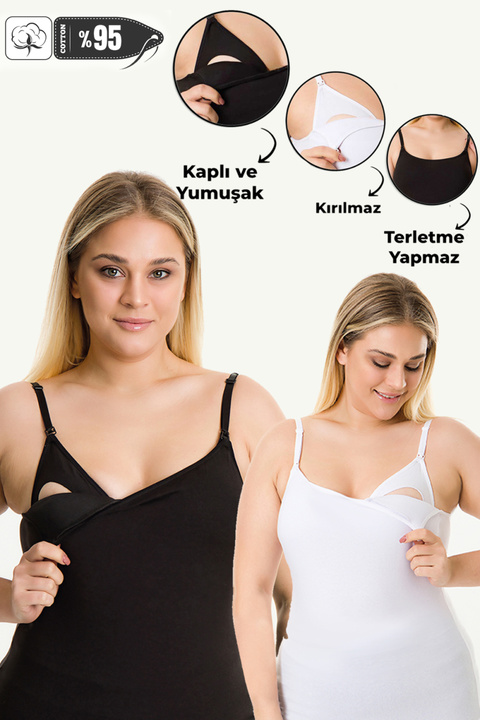 MS HAMİLE İÇ GİYİM Hamile Kaplı Emzirme Atletli 2li Set HG0112 siyah-beyaz