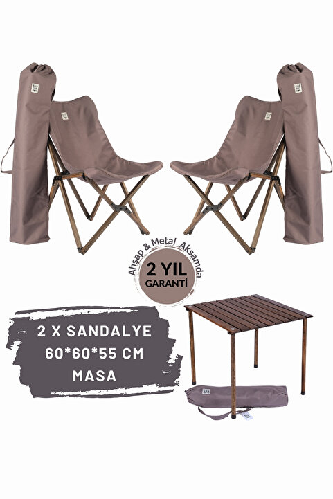Bag The Joy Ahşap Katlanır Kamp Masa Sandalye Seti 60x60x55 cm | Bahçe, Balkon | Çantalı | Antrasit – Koyu Gri