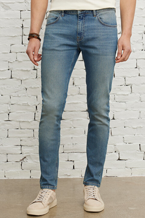 AC&Co / Altınyıldız Classics Erkek Petrol Mavisi Ekstra Slim Fit Dar Kesim Pamuklu Esnek Rıss Jean Kot Denim Pantolon
