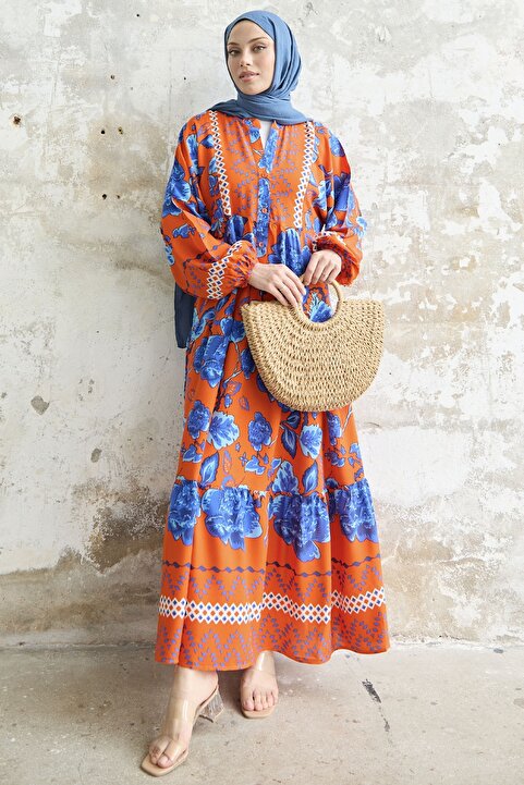 InStyle Akasya Çiçek Viskon Elbise - Oranj