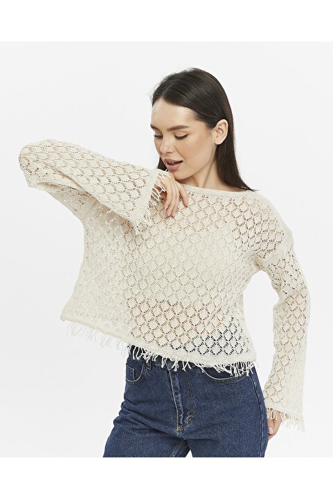 KNİTİCAL TEKSTİL Bolero shams  Krem Crop Bluz Ajurlu Triko Örme