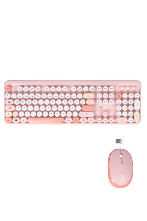 TWOTECH Renkli Tuşlu Kablosuz Pembe Q Türkçe Klavye+Mouse Seti