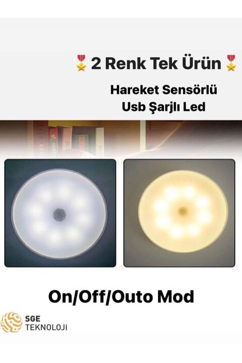 Mighty Hareket Sensörlü 2 Renk Usb Şarjlı Ampul Beyazve Gün Işığı Led Işık 1 adet