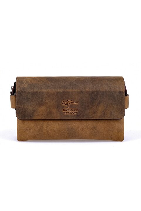 KANGAROO KINGDOM Erkek Portföy El Çantası Clutch Koyu Camel Hakiki Dana Deri Crazy Horse 9288-zkc