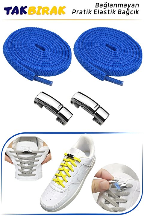 Foottab Takbırak Mıknatıslı Lastikli Ayakkabı Bağcığı, Akıllı Bağcık, Çocuk, Spor Bağcık, Saks Mavi