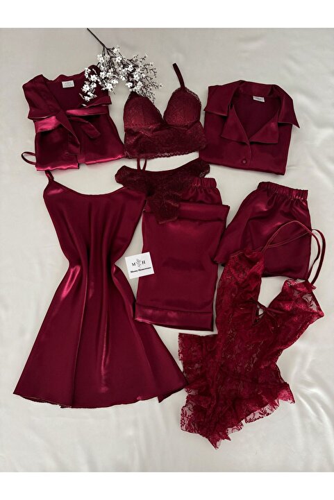 MH Moony Homewears Kutulu 8 Parça Dev Bordo Saten Pijama Gecelik Sabahlık Iç Giyim Çeyiz Seti