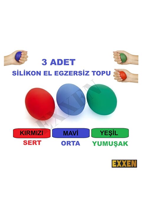 Exxen  3 Sertlikte Silikon El Bilek Parmak Güçlendirme, Ameliyat Sonrası El Stres Egzersiz Topu 3'lü