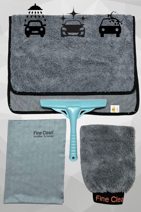 Fine Clean 4'lü Mikrofiber Oto Yıkama Kurulama Araba Silme Bezi + Cam Bezi + Oto Eldiveni + Silecek