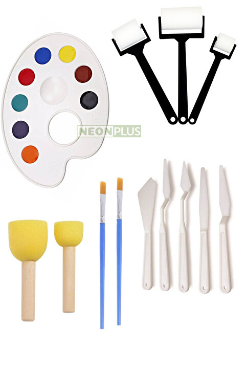 NEON PLUS Palet, 3'lü Rulo Fırça, 2'li Ponpon Fırça ve 5'li Spatula ve 2'li Düz Fırça Seti