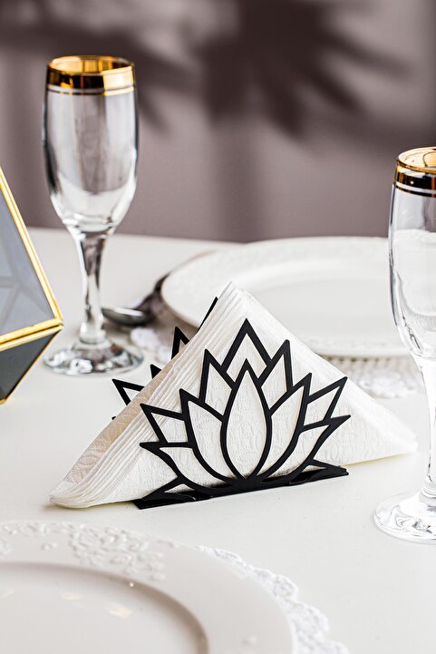 Doreline Lotus Çiçeği 2 Motifli Masaüstü Dekoratif Peçetelik Havluluk Siyah (Ölçü:12 x 10)