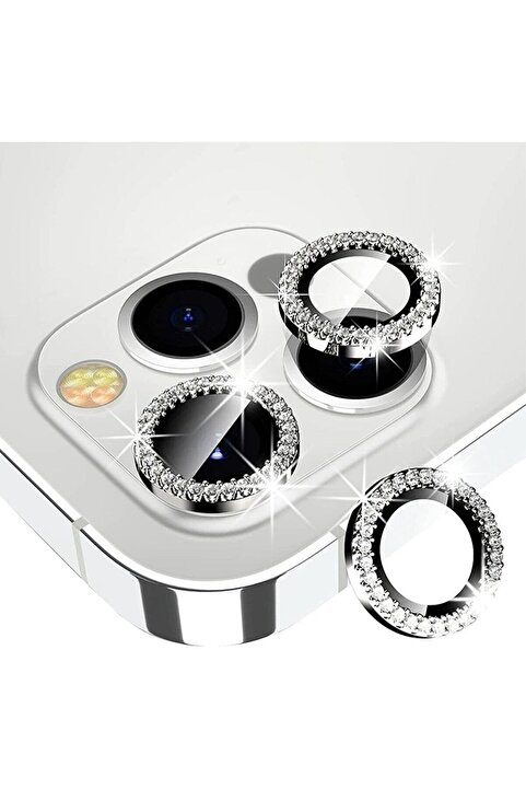 KVK PRİVACY Iphone 14 Pro Max / 14 Pro Uyumlu Gümüş Taşlı Kamera Lensi Koruyucu
