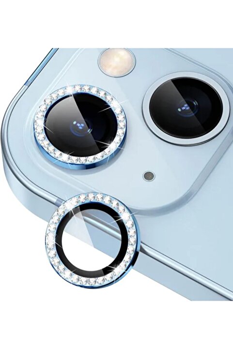 KVK PRİVACY İphone 15 / 15 Plus Ve 14 / 14 Plus Uyumlu Taşlı Kamera Lens Koruyucu Temperli Cam Koruma Blue