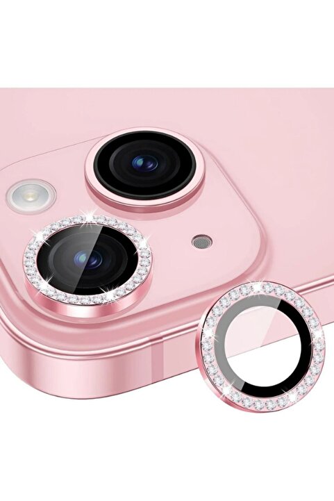 KVK PRİVACY İphone 15/15 Plus Ve 14 / 14 Plus Uyumlu Taşlı Kamera Lens Koruyucu Temperli Cam Koruma Pink