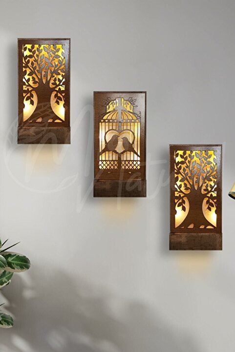 Genel Markalar 3 Lü Set Peri Ledli Masif Ahşap Tablo Ev Hediyesi Hol Antre Gece Lamba 36x18 Duvar Süsü