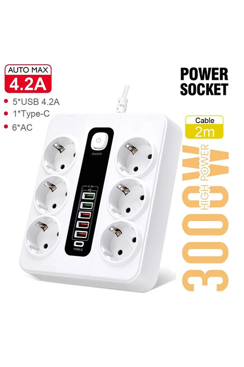 teknotrust 2 Yıl Akıllı Priz Typ-c Ve Usb Girişli 6 Lı Hızlı Şarjlı Akım Korumalı 2metre 2m 50 Hz / 60 Hz Yok