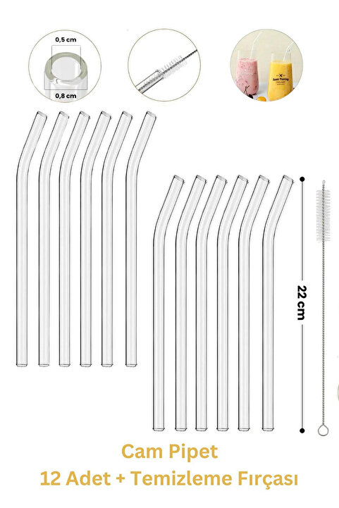 PİNK DESİGN KİTCHEN 12'li Cam Pipet Ve Pipet Temizleme Fırçası, Kalın Cam Pipet, Termosilikat (ısıya Dayanıklı)