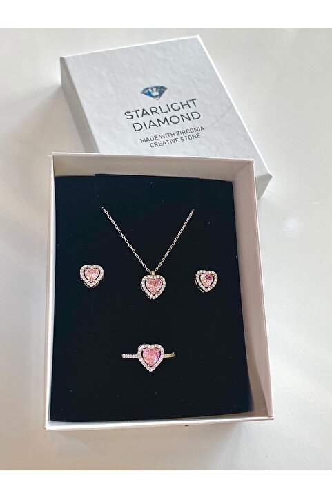 Starlight Diamond Rodyum Kaplama Kalpli Kolye Küpe Yüzük Gümüş Takı Seti