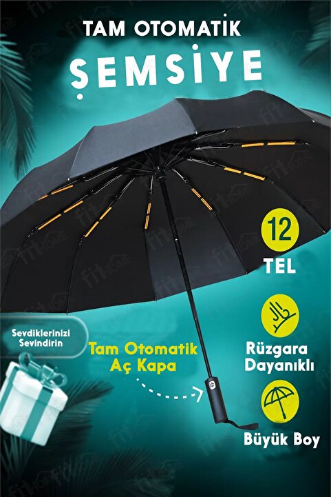 fitfiyat 12 TEL Tam Otomatik Açılır Kapanır Rüzgara Dayanıklı Siyah Ekstra Güçlü Şemsiye
