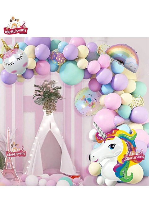 Bkmc Gökkuşağı Konsepti Unicorn Temalı Makaron Balon Doğum Günü Parti Kutlama Seti