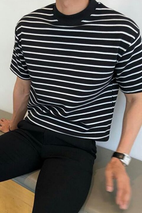 COOL TARZ Erkek Mat Siyah Kısa Kollu Fitilli Akrilik-Pamuk Karışımlı Triko T-Shirt