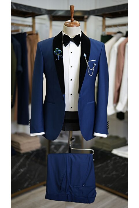 LONATOLİA Erkek Kuşaklı Saks Mavisi Smokin Damatlık Kadife Şal Yaka Italyan Kesim Slim Fit - Xprzcom9530-22