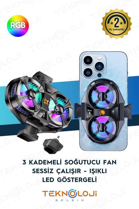 Teknoloji Gelsin Telefon Soğutucu Fan Çift Pervaneli 3 kademeli Işıklı Göstergeli Bütün Telefon Modelleri İle Uyumlu