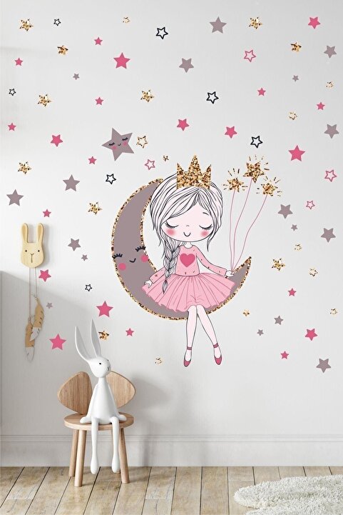 Sim Tasarım Ayda Oturan Sevimli Kız Çocuk Odası Duvar Sticker Seti