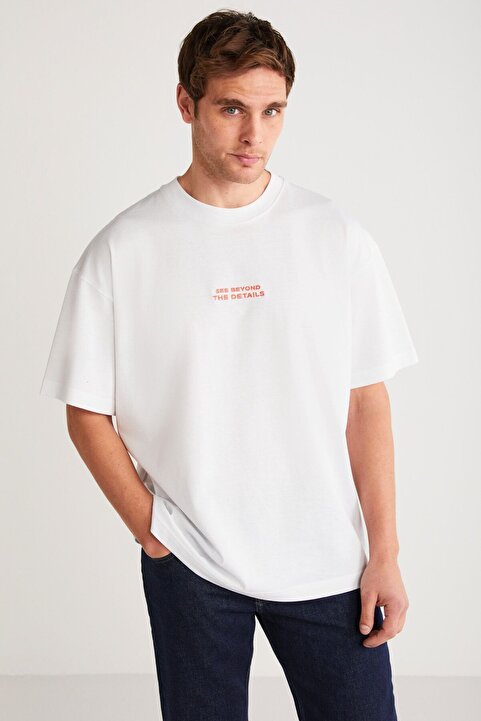 GRIMELANGE Vıto Erkek %100 Organik Pamuklu Nakış Yazı Detaylı Oversize Bol Kesim Kısa Kollu Beyaz T-shirt