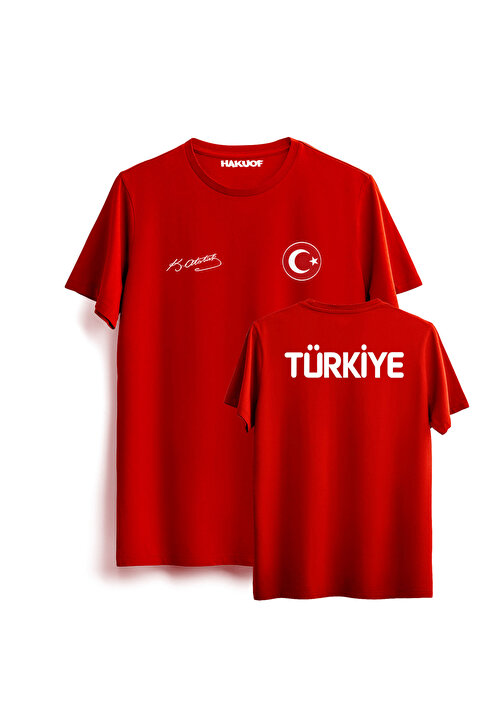 hakuof Türkiye Atatürk İmzalı Özel Tasarım Tişört Pamuklu (Metalize Türk Bayrağı Orijinal Yuvarlak)