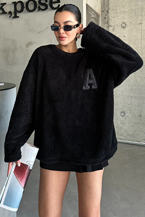 MODAGEN Unisex Siyah Bisiklet Yaka Göğüs Detaylı Peluş Sweatshirt
