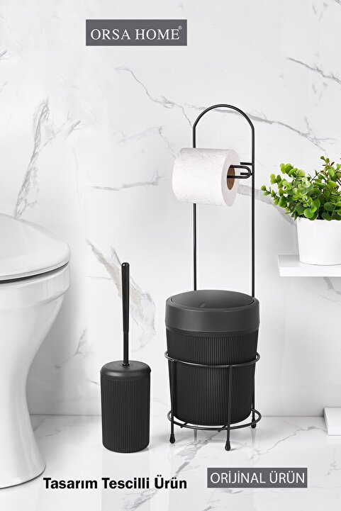 ORSA HOME Siyah Yuvarlak Kovalı Wc Kağıtlık Ve Tuvalet Fırça Seti