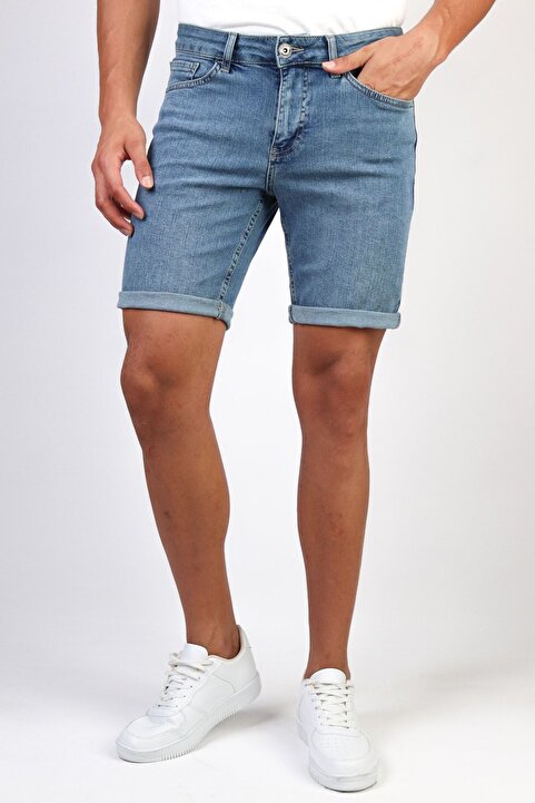 HLT JEANS Erkek Taşlamalı Rahat Kesim Likralı Açık Mavi Jean Şort Hlthe001952k