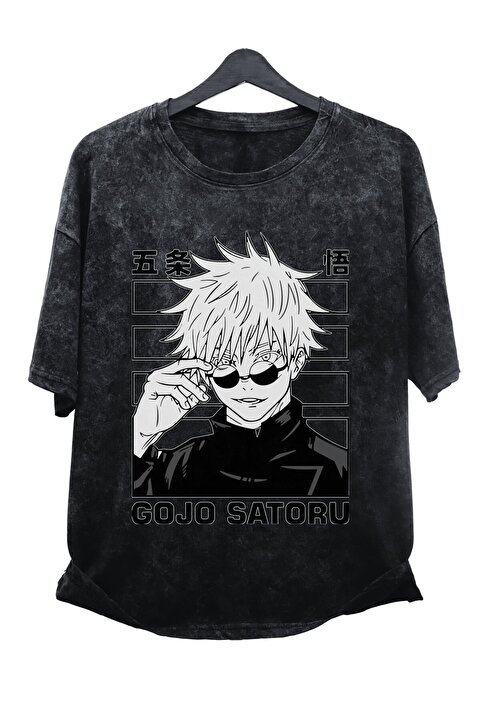 Fuddy Moda Oversize JJK Gojo Satoru EX2 Baskılı Yıkamalı T-Shirt, Unisex Anime Baskılı Vintage Tişört