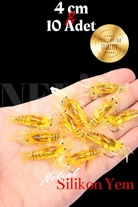 NELİEL 10 Adet 4 Cm Jig Kancalı Silikon Karides, Sahte Karides Balık Avı,Yapay Karides, Levrek,Çupra,Lüfer