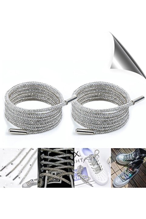 AiryFooT Kristal Taşlı Parlak Taşlı Ayakkabı Bağcığı 100 Cm 1 Çift (GÜMÜŞ)