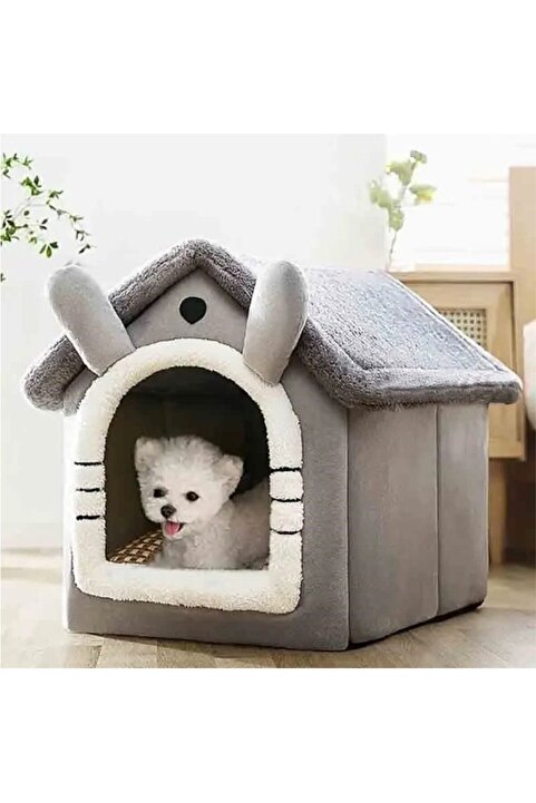 TİNEKE Klasik Model Kedi Evi Yumuşak Kedi Yatağı Derin Uyku Ve Kış Evi Çıkarılabilir Minder Gri