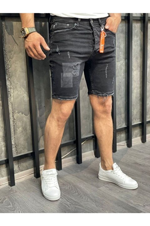Oliggopol Erkek Siyah Slim Fit Model Likralı Kot Şort Kapri