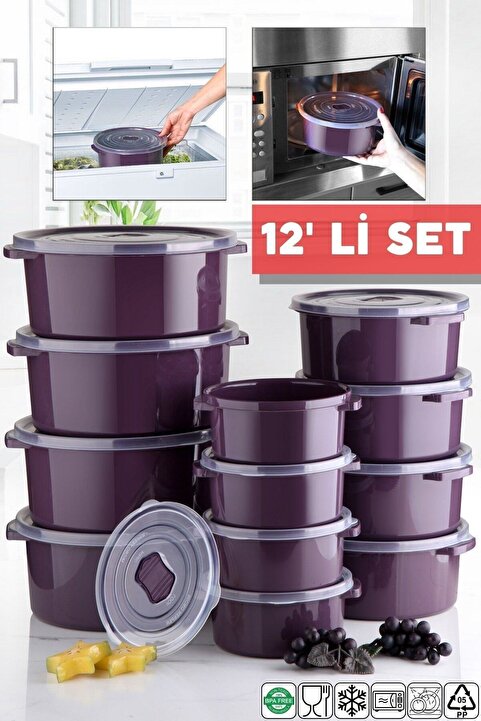 Nandy Home Mikrodalga Ve Difrizde Kullanılabilen Saklama Kabı Seti Yuvarlak 12'li Mürdüm