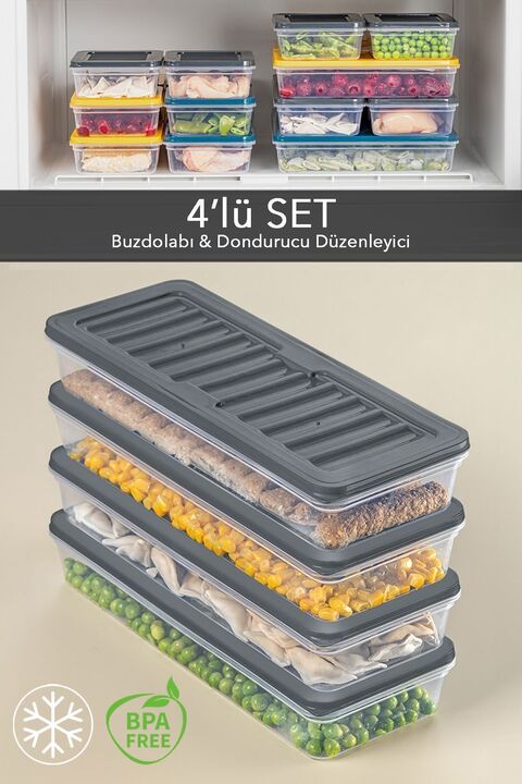 Meleni Home 4'lü Buzdolabı Organizer Mikrodalga Ve Difrize Uygun Saklama Kabı Antrasit 4 X 1170 ml