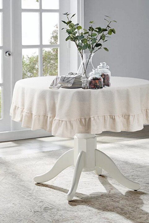 cotton maison Naturel Fırfırlı Masa Örtüsü Vintage 130 Cm Yuvarlak