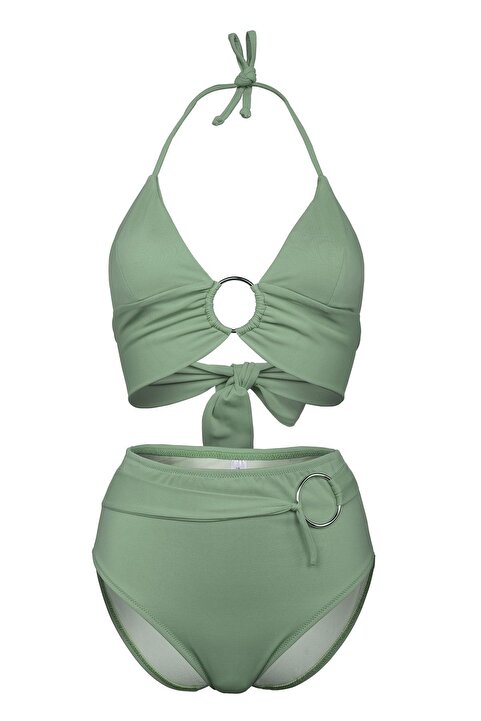 Transacoustic Haki Halka Aksesuarlı Yüksek Bel Çift Kat Özel Koleksiyon Tulumlu Şık Bikini Takım