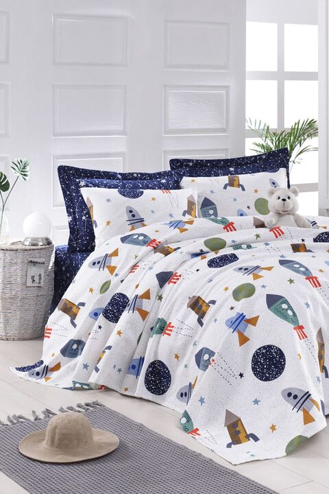 Enlora Home Desenli Pike Örtü Tek Kişilik Spacex Lacivert (Pike)