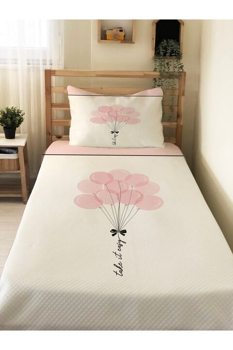 Evmila Balon Desenli Bebek Ve Çocuk Baskılı Tek Kişilik Pike Takımı 160x230 Beyaz