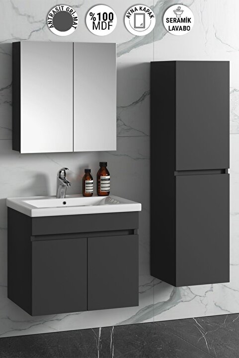 ÖZCEDEN Çiğdem 65+35 cm Antrasit Gri Mat MDF Seramik Lavabolu Asma Banyo Dolabı Takımı