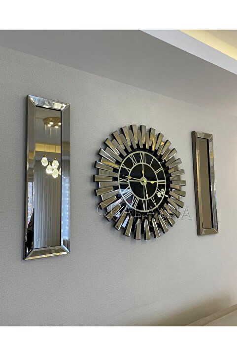 QUAL 3’lü Bronz Renk 83 cm Piyano Saat ve 25x90 cm Aynalar set
