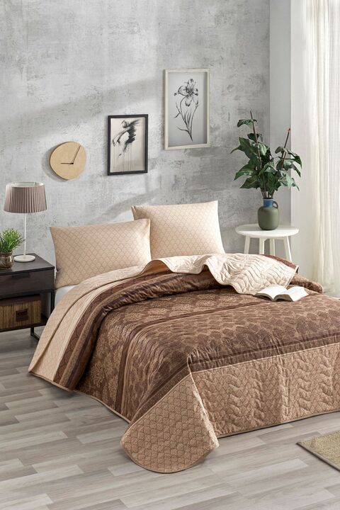 Enlora Home Kapitone Yatak Örtüsü Seti Çift Kişilik Creative Kahve