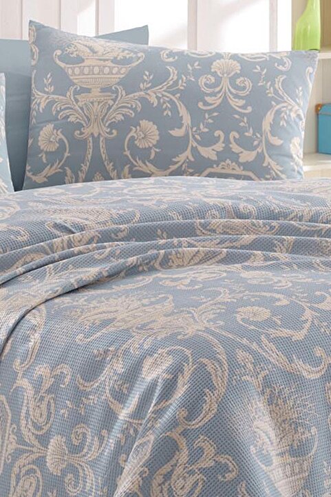 Enlora Home Desenli Pike Seti Çift Kişilik Tuval Mavi (Pike+Yastık Kılıfı)