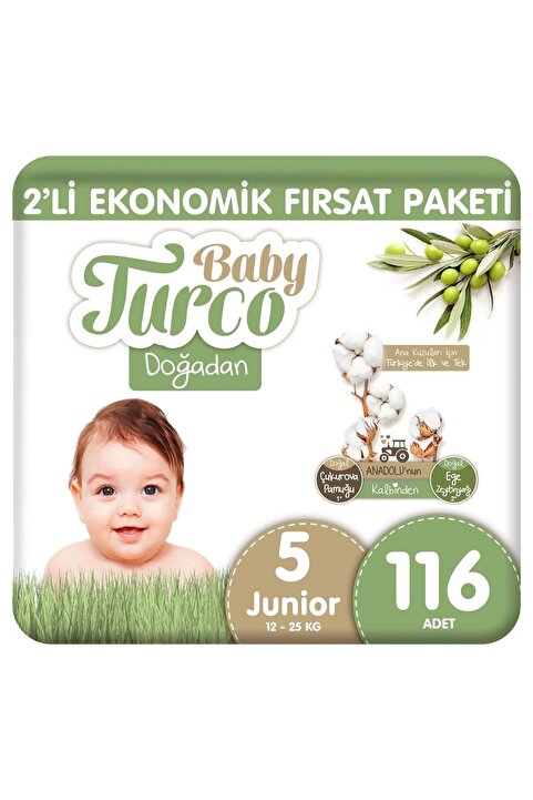 Baby Turco Doğadan 2'li Ekonomik Fırsat Paketi Bebek Bezi 5 Numara Junior 116 Adet